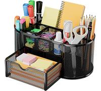 ProBytes Wiremesh Penholder/Desk Organiser - 8 Compartments 1 Drawer, Office Study Table Caddy. Workspace, Library, School, Classroom Stationery, Easy Clean Rustproof Coated Metal, Non-slip - Black