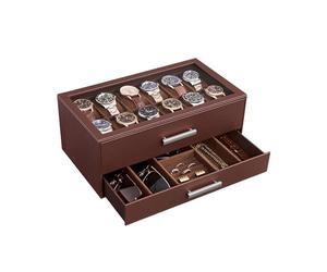 ProCase 12-Slot Watch Box, 2-Tier Pull-Out Drawers Display Case for Men with Clear Top Lid, Watches Jewelry Sunglass Storage Holder Organizer for Husband Dad, Gift Choice for Father's Day -Espresso