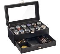 ProCase 12 Slot Watch Box for Men, 2-Layer Watch Display Case with Glass Lid, Watch Holder with Drawer, Jewellery Organiser for Watches Sunglasses Rings Necklaces -Allblack