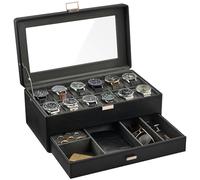 ProCase 12 Slot Watch Box for Men, 2-Layer Watch Display Case with Glass Lid, Watch Holder with Drawer, Jewellery Organiser for Watches Sunglasses Rings Necklaces -Black