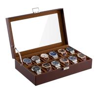 ProCase 12 Slot Watch Case Box for Men, PU leather Man Watch Organizer with Soft Pillow, Lockable Watch Collection Storage Holder with Glass Display Lid -Espresso
