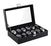 ProCase 12 Slot Watch Case Box for Men, PU leather Man Watch Organizer with Soft Pillow, Lockable Watch Collection Storage Holder with Glass Display Lid -AllBlack