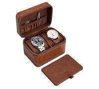 ProCase 2-Slot Watch Travel Case for Men, PU Leather Portable Watch Holder, Compact Small Carrying Storage Box for Luxury Watches & Smartwatches with Jewelry Compartment, Fathers Day Gift -Brown