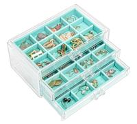 ProCase Earring Holder Organizer Jewelry Box with 3 Drawers, Acrylic Clear Earring Case with Adjustable Velvet Trays for Women - Aqua, 3 Layers