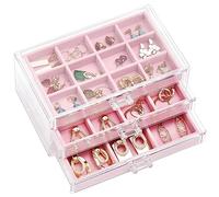 ProCase Earring Holder Organizer Jewelry Box with 3 Drawers, Acrylic Clear Earring Case with Adjustable Velvet Trays for Women - Pink, 3 Layers