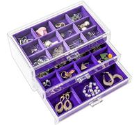 ProCase Earring Holder Organizer Jewelry Box with 3 Drawers, Acrylic Clear Earring Case with Adjustable Velvet Trays for Women - Purple, 3 Layers