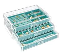 ProCase Earring Holder Organizer Jewelry Box with 3 Drawers, Acrylic Clear Earring Case with Adjustable Velvet Trays for Women - Aqua, 3 Layers, Upgrade, Small