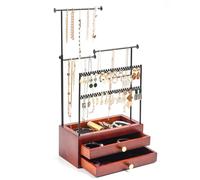 ProCase Jewellery Holder Organiser Stand, 5 Tiers Height Adjustable Necklace Holder Wood Jewelry Box with 2 Drawers, Jewelery Tower Earring Storage Rack for Necklaces Earrings Bracelets Rings- Black