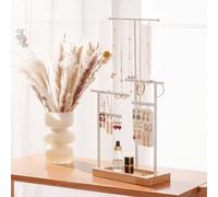 ProCase Jewellery Organiser Stand Jewelry Holder, 3 Tier Height Adjustable Necklace Holder Display for Extra Long Necklaces, Bracelet Holder Jewellery Rack with Wooden Tray Earring Holder -White