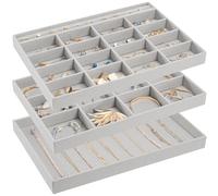 ProCase Jewellery Tray Stackable Velvet Jewellery Drawer Organiser for Dresser Wardrobe Jewellry Organizer Display Storage Box for Earrings Bracelets Rings Women Girls Set of 3 -Grey