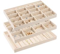 ProCase Jewellery Tray Stackable Velvet Jewellery Drawer Organiser for Dresser Wardrobe Jewellry Organizer Display Storage Box for Earrings Bracelets Rings Women Girls Set of 3 -Beige