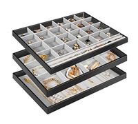 ProCase Jewellery Tray Stackable Velvet Jewellery Drawer Organiser for Dresser Wardrobe Jewellry Organizer Display Storage Box for Earrings Bracelets Rings Women Girls Set of 3 -Black