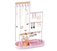 ProCase Jewelry Organiser Jewelry Holder Jewelry Stand with Velvet Ring Tray and Study Metal Frame, Necklace Holder Organizer Bracelet Display Storage Rack for Studs Rings -Pink
