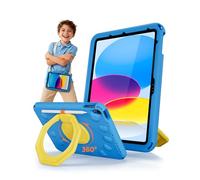 ProCase Kids Case for iPad A16 11th Gen/iPad 10th Gen 10.9 inch/iPad Air 11 inch M4 M3 M2/ Air 5th/ Air 4th, Shockproof Cover with Pencil Holder, Ring Stand Handle, Shoulder Strap -Blue & Yellow