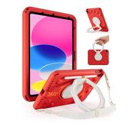 ProCase Kids Case for iPad A16 11th Gen/iPad 10th Gen 10.9 inch/iPad Air 11 inch M4 M3 M2/ Air 5th/ Air 4th, Shockproof Cover with Pencil Holder, Ring Stand Handle, Shoulder Strap -Red & White