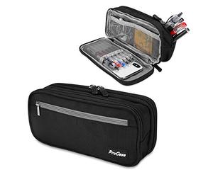 ProCase Pencil Case Pen Bag, Two Layers Big Capacity Pencil Pouch Pen Organizer Durable Stationery Holder for Marker Organization School Supplies Office Storage Desk Organizing -Black