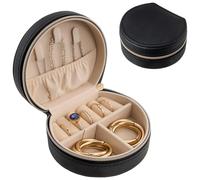 ProCase Travel Size Jewelry Box, Mini Portable Seashell-Shaped Jewelry Case, 2 Layer Organizer in PU Leather for Women -Black