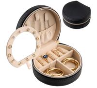 ProCase Travel Size Jewelry Box, Mini Portable Seashell-Shaped Jewelry Case with Mirror, 2 Layer Organizer in PU Leather for Women -Black