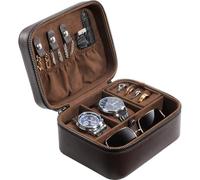 ProCase Travel Watch Case, 2 Slots PU Leather Watch Accessories Storage Case, Necklaces Rings Bracelets Zippered Organizer Bag for Man -Brown