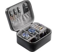 ProCase Travel Watch Case, 2 Slots PU Leather Watch Accessories Storage Case, Necklaces Rings Bracelets Zippered Organizer Bag for Man -Black