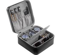 ProCase Travel Watch Case, 3 Slots PU Leather Watch Accessories Storage Case, Necklaces Rings Bracelets Zippered Organizer Bag for Man -Black