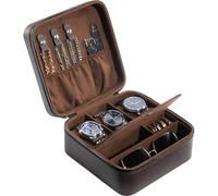 ProCase Travel Watch Case, 3 Slots PU Leather Watch Accessories Storage Case, Necklaces Rings Bracelets Zippered Organizer Bag for Man -Brown