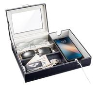 ProCase Valet Tray for Men, Faux Leather Nightstand Organizers Mens Jewelry Tray with Glass Lid Dump Catchall Trays Bedroom Side Table Dresser Top Organizer -1 Layer, Black