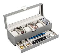 ProCase Watch Box, 6 Slot Watch Display Case with Drawer -Grey | Mens Watches Case with Glass Lid, 2-Layer Mens Jewelry Organizer Storage Holder, Christmas Anniversary Birthday Gifts for Men