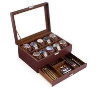 ProCase Watch Box for Men, 10 Slot Watch Display Case with Drawer, Mens Watch Case With Glass Lid, 2-Layer Jewelry and Watch Storage Watch Holder Organizer for Men Women -Espresso, 10-Slot