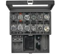 ProCase Watch Box for Men, Jewelry Organizer Box with Drawer, Display Storage Case with Glass Lid -Black, 12 Slot