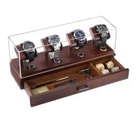 ProCase Wooden Watch Display Case, 4 Slot Watch Display Stand with Removable Acrylic Cover, Watch Case with Drawer, 2-Layer Mens Watch Box, Ring and Watch Holder Organizer for Men -Espresso