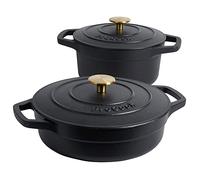 ProCook Enamel Dutch Oven Set with Lids - 2 Piece, 20cm/24cm, Round Cast Iron Casserole Dishes - Black, Induction Compatible Cookware