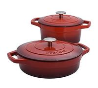 ProCook Enamel Dutch Oven Set with Lids - 2 Piece, 20cm/24cm, Round Cast Iron Casserole Dishes - Red, Induction Compatible Cookware