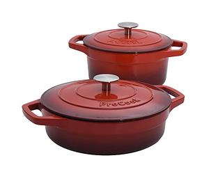ProCook Enamel Dutch Oven Set with Lids - 2 Piece, 20cm/24cm, Round Cast Iron Casserole Dishes - Red, Induction Compatible Cookware