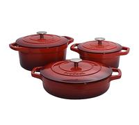 ProCook Enamel Dutch Oven Set with Lids - 3 Piece 20/24/28cm, Round Cast Iron Casserole Dishes - Red, Induction Compatible Cookware