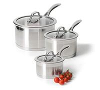 ProCook Professional Stainless Steel Saucepan Set Uncoated Induction & Oven Safe Pans with Glass Lids Dishwasher Safe Cookware - 3 Piece, 14/16/18 cm, 1.2/1.9/2.6 L