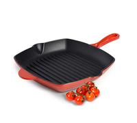 ProCook Red Cast Iron Square Griddle Pan Enamel Coated Professional Heavy Grill Saute Fry Pan Induction Hob Compatible Cookware - 26 x 26 x 4 cm