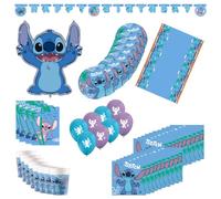 Procos - Birthday Decoration Stitch, 55-Piece Set, Includes 8 Paper Plates, 8 Paper Cups, 20 Napkins, Tablecloth, Garland, 8 Balloons, Foil Balloon, 8 Party Bags, Table Decoration for Children's