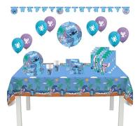 Procos - Birthday Decoration Stitch, 55-Piece Set, Includes 8 Paper Plates, 8 Paper Cups, 20 Napkins, Tablecloth, Garland, 8 Balloons, Foil Balloon, 8 Party Bags, Table Decoration for Children's