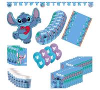 Procos - Birthday Decoration Stitch, 55-Piece Set, Includes 8 Paper Plates, 8 Paper Cups, 20 Napkins, Tablecloth, Garland, 8 Balloons, Foil Balloon, 8 Party Bags, Table Decoration for Children's