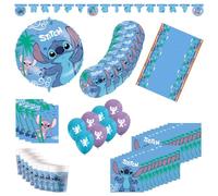 Procos - Birthday Decoration Stitch, 55-Piece Set, Includes 8 Paper Plates, 8 Paper Cups, 20 Napkins, Tablecloth, Garland, 8 Balloons, Foil Balloon, 8 Party Bags, Table Decoration for Children's