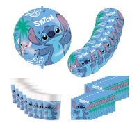 Procos - Disney Stitch Party Tableware, 37-Piece Birthday Decoration Includes 8 Paper Plates, 8 Paper Cups, 20 Napkins and a Foil Balloon, Table Decoration for Children's Birthday Parties