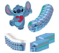 Procos - Disney Stitch Party Tableware, 37-Piece Birthday Decoration Includes 8 Paper Plates, 8 Paper Cups, 20 Napkins and a Foil Balloon, Table Decoration for Children's Birthday Parties