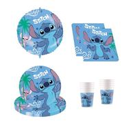 Procos - Disney Stitch Party Tableware, 37-Piece Birthday Decoration Includes 8 Paper Plates, 8 Paper Cups, 20 Napkins and a Foil Balloon, Table Decoration for Children's Birthday Parties