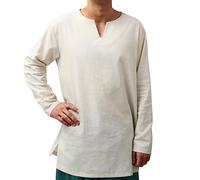 PROCOS Mens Medieval Undershirts Retro Linen Tunic Long Sleeve Shirts Pirate Reenactment, White, XXL