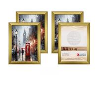 Procut Global Picture Frames A4 Gold (Pack of 4) - Classic A4 Frames With Safe Perspex Front & Wall Hanging Hooks - Premium Synthetic Wood - Handmade Frames