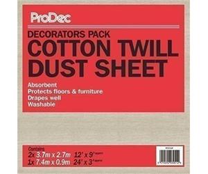 ProDec Triple Pack 12' x 9' and 24' x 3' Hardwearing Cotton Twill Dust Sheets For Covering Floors, Furniture, Stairs, Hallways, Corridors and Floors