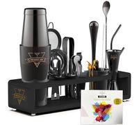 Prodigy Mix Elite Mixology Bartender Kit 20-Piece Boston Cocktail Shaker Set with Stand, Indestructible Bar Accessories, Black Stainless Steel Bar Tools