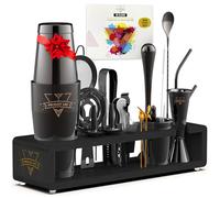 Prodigy Mix Elite Mixology Bartender Kit 20-Piece Boston Cocktail Shaker Set with Stand, Indestructible Bar Accessories, Black Stainless Steel Bar Tools