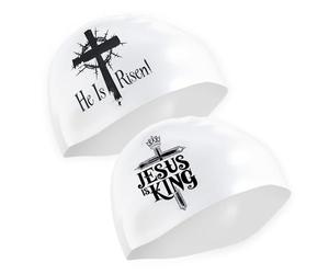 Product Maxx Faith-Based Silicone Swim Cap (1 Cap) - “Jesus is King” & “He is Risen” Double-Sided Design for Adults & Kids - Waterproof, Durable, Comfortable - White with Black Design